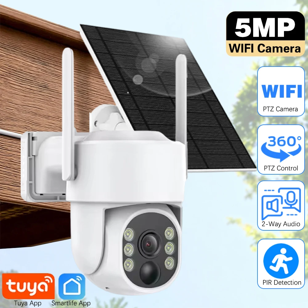 

Tuya 5MP Wifi Solar Battery PTZ Camera With Solar Panels Color Night Vision IR Motion Detection Outdoor IP66 Waterproof IP cam