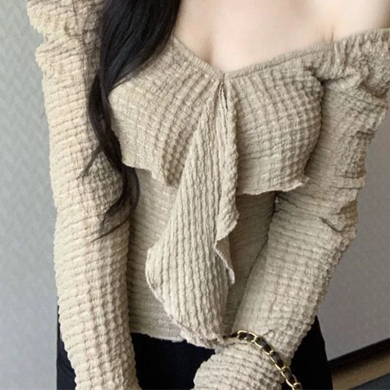 

Long Sleeve blouses Women Casual Fashion Sexy Korean Style Tender Streetwear All-match Solid Chic Ruffles Design Ulzzang Female