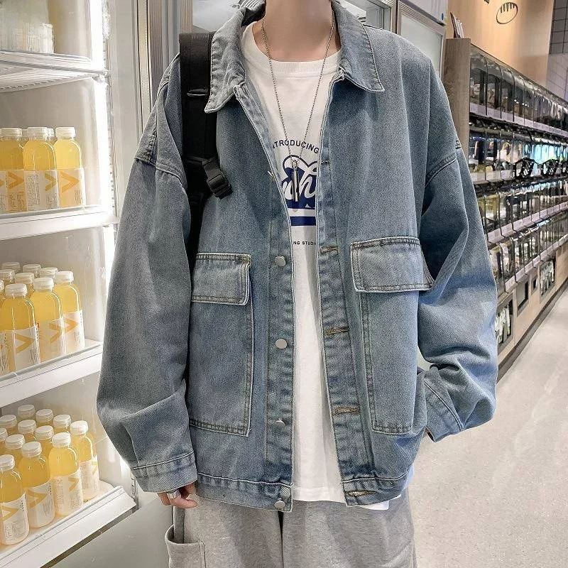 

Casual Loose Denim Jacket Spring Autumn New Style Trendy Workwear Jacket Versatile Retro Polyester Fiber Long Sleeve Outerwear