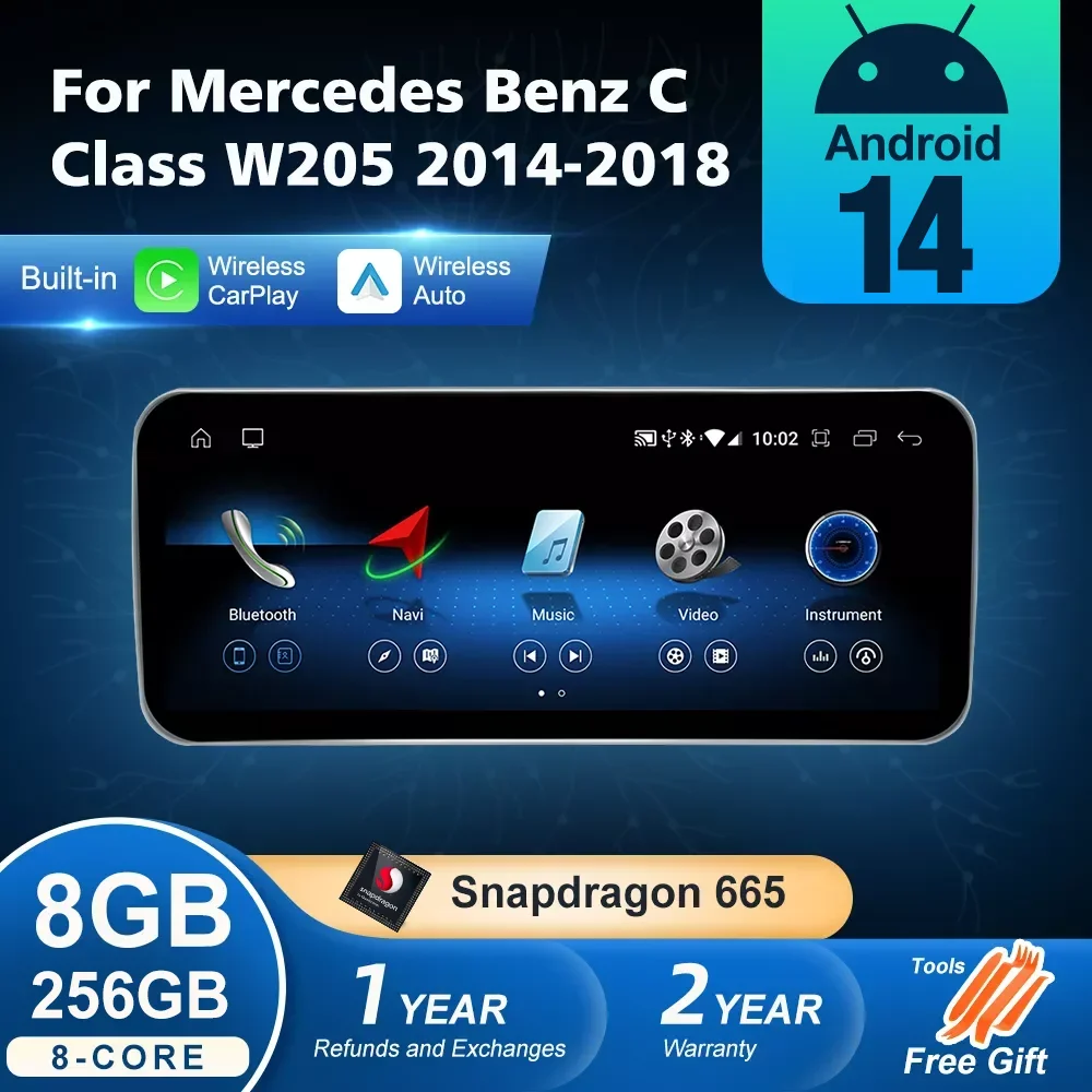 For Mercedes Benz C Class W205 2014-2018 Android 14 Wireless CarPlay Car Multimedia Navigation GPS SWC DSP 4G WiFi