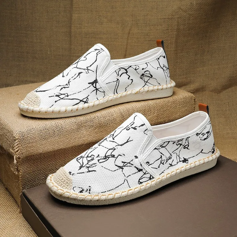 Zapatos de Lona con Estampado de Moda, Nuevos Mocasines Clásicos Blancos para Hombre, Alpargatas Planas Transpirables para Hombre, Calzado de Verano Masculino