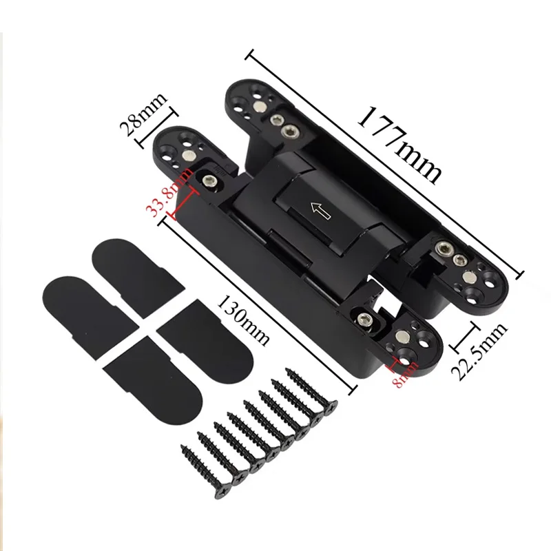 2D Adjustable H-Type Auxiliary Load-bearing Concealed Door Hinge Black Zinc Alloy Heavy Duty,180°,Door ≥40mm,For Hydraulic Hinge