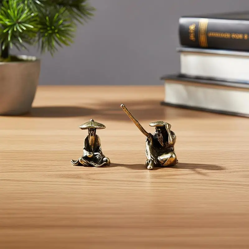 Vintage Brass Miniature Fisherman Figurines Ancient Chinese Bonsai Metal Statue Decorations Micro Landscape Ornaments