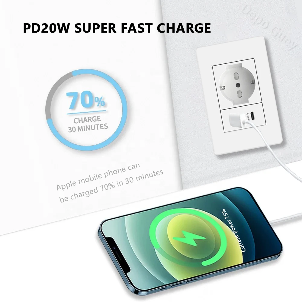 White Italy Chile USB Smart Type-c 20W Fast Charging Wall Power Socket Plastic Chile Schuko Dual USB Outlet Plug TV TEL Computer