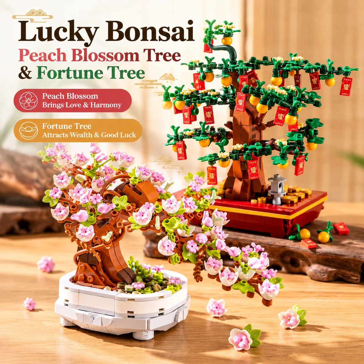 Zhaoma Building Block Set Simulation Potted Plant Mandarin Tree Peach Blossom Bonsai Small Particles Diy Assembly Home Desktop