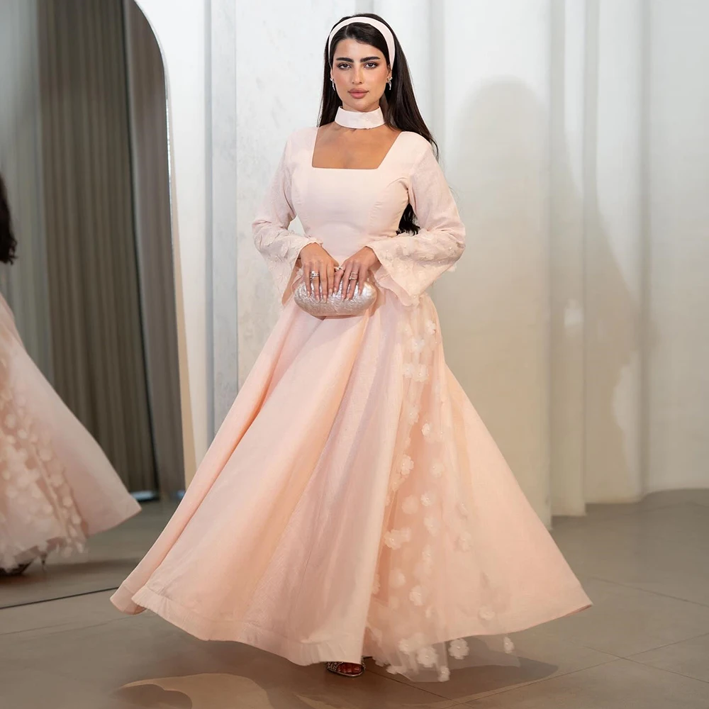 

Customized Square Collar A-line Jersey Women's Evening Dress Full Sleeves With Appliques Party Dress Ankle Length Prom Gown