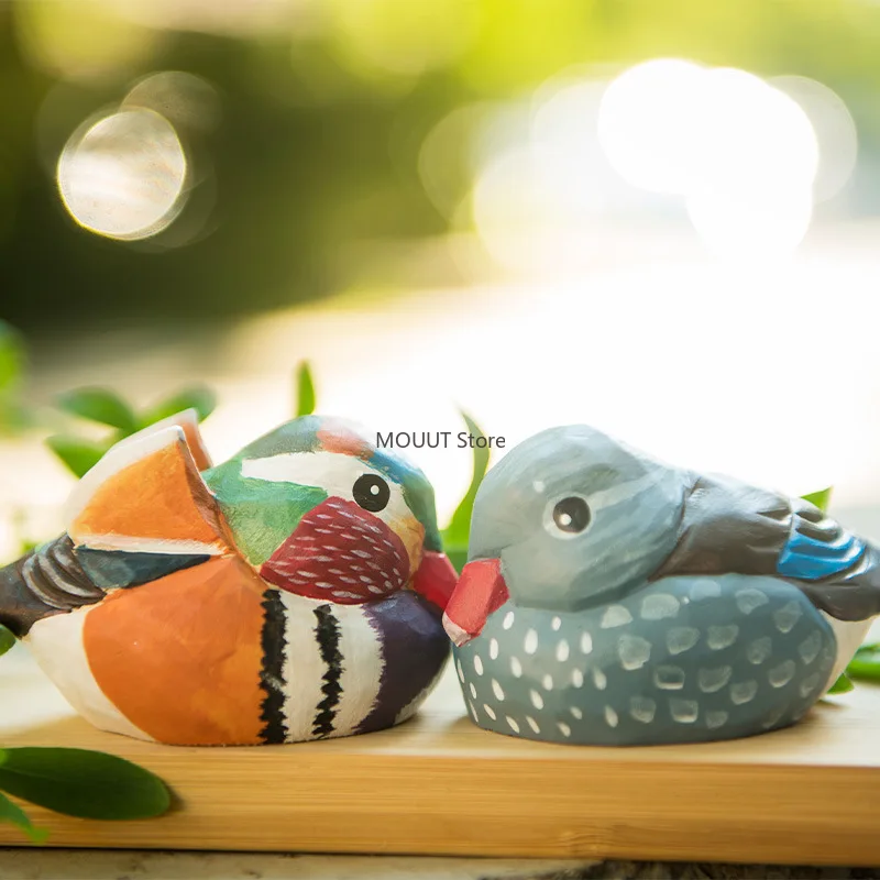 Hand-Carved Cute Solid Wood Little Bird Sculptures Chubby Birds & Mandarin Ducks,for Home Office Decor/Gift-givingChristmas Gift