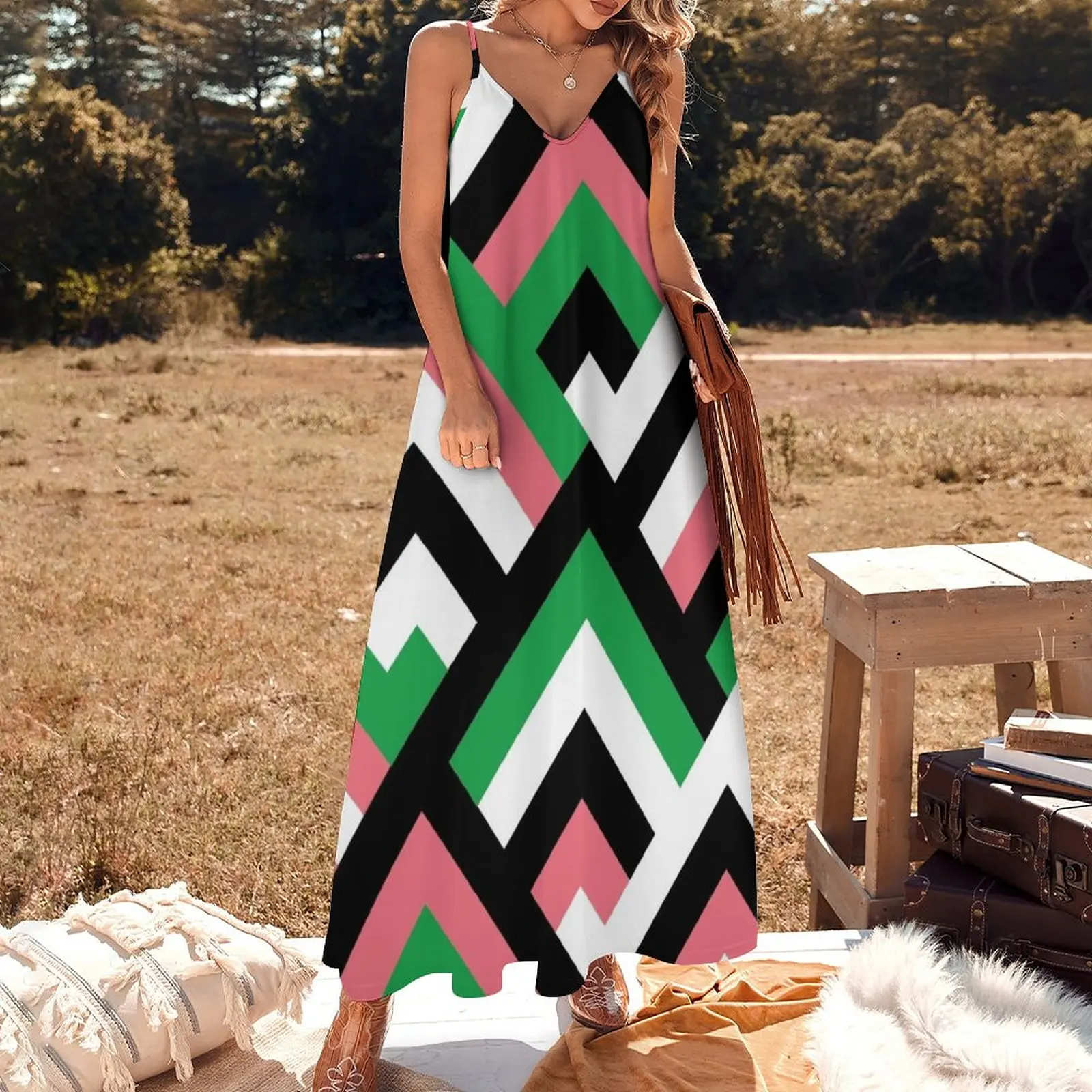 Pink and Green Diamond aka Tetragon Pattern Sleeveless Dress Long dresses prom dress 2023 Woman clothing