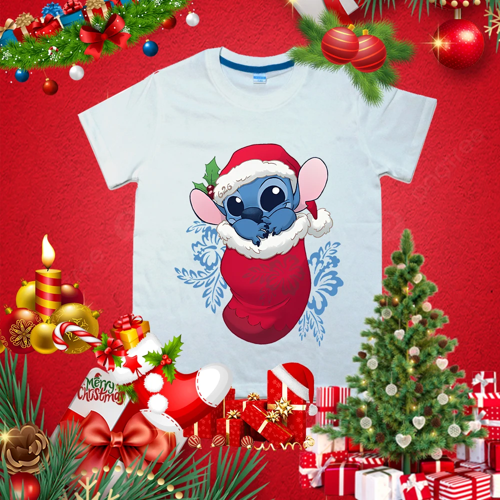 

Stitch Christmas classic print kids T-shirt summer children's cotton short-sleeved casual tops suitable for boys and girls