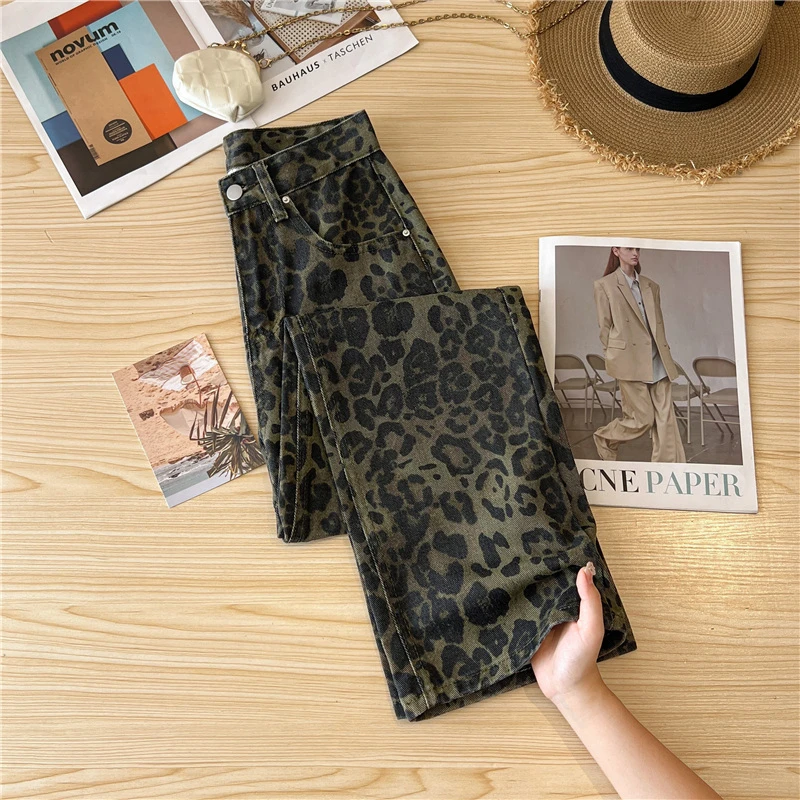 Casual Loose Womens Jeans Retro American Style Leopard Print Design Straight Leg Pants Workwear Fashion Winter  Women's pants