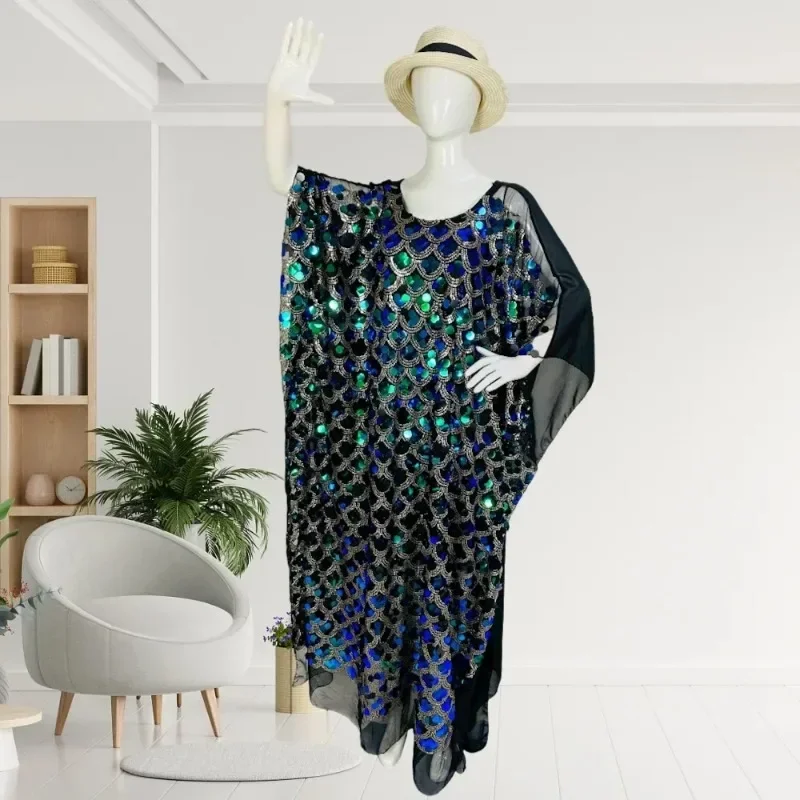 Vestido caftan casual plus size feminino com glitter lantejoulas decoração manga morcego gola redonda vestido maxi solto