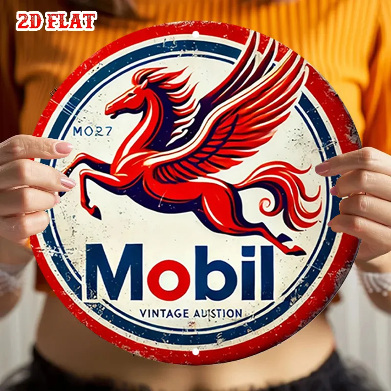 [Vintage Wall Art] 2D Flat - Retro Aluminum Sign Featuring a Round,  Vintage Mobil Wall Decoration with a Pegasus Design 2D Flat