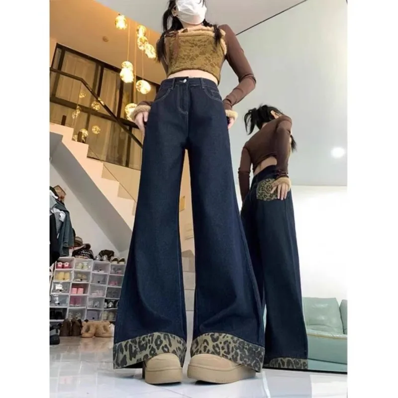 New Spring and Autumn Women's Leopard Print Jeans, Plus-size and Plump Girls Retro Floor-length Loose Slimming Wide-leg Pants