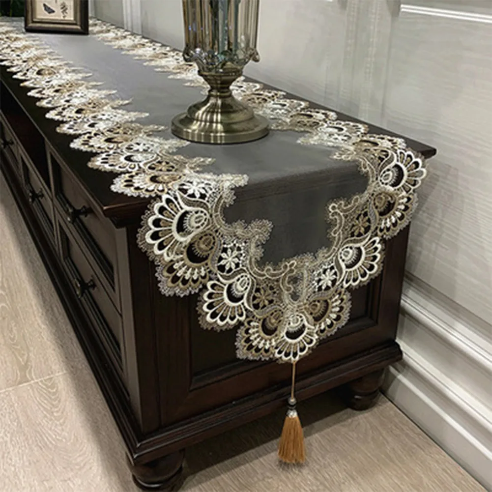 Polyester Lace Tablecloth with Pendant Tassels Suitable for TV Cabinets Tea Tables and Dressers Heat Resistant and Washable