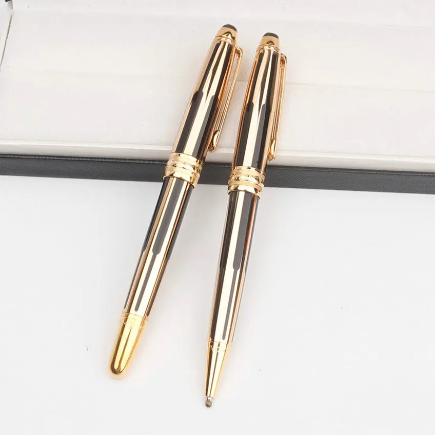 Luxury MB Rollerball Ballpoint Pens 163 Gold Black Stripe Metallic Bicolor Fountain with Serial Number Office School Stationery