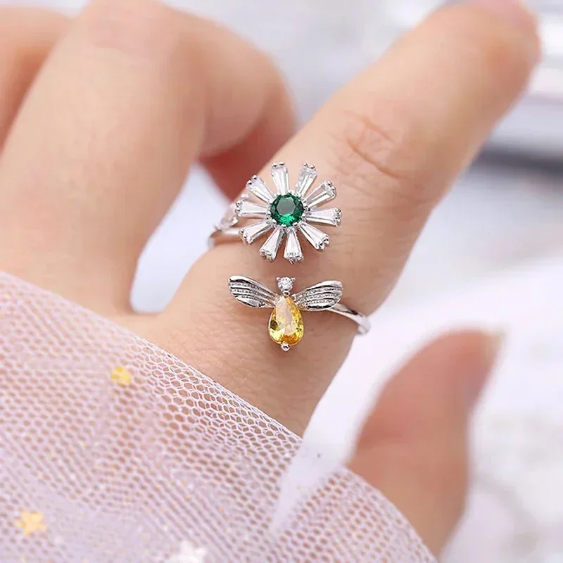 2026 Cute Flower and Honey Bee Opening Rings for Women Silver Color/Gold Color Colored Cubic Zirconia Fashionable Girl Jewelry - view 6