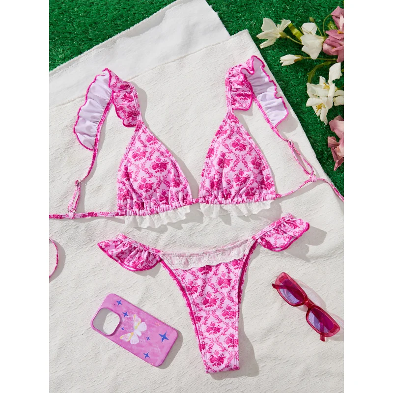 

New Soft Bag Printed Lace Ruffle Trim Beach Women's Adjustable Thin Strap Sexy Elegant Bikini