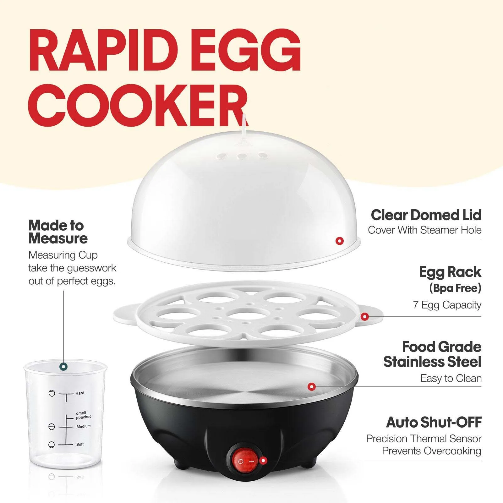 Electric Egg Cooker, 7 Egg Capacity Rapid Boiler, Stainless Steel Heating Plate Automatic Shut Off Cooker, Ideal for Hard, Soft, Medium Boiled Eggs, Steamer & Omelet Maker