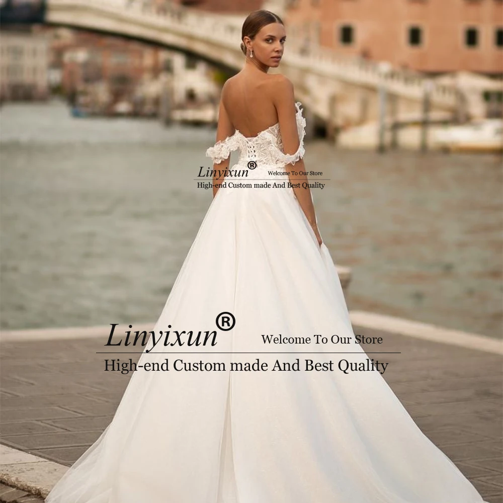 Vestidos de novia elegantes de encaje con apliques para mujer, vestidos de novia con espalda descubierta personalizados, corte en A, abertura lateral alta, vestidos de novia para boda