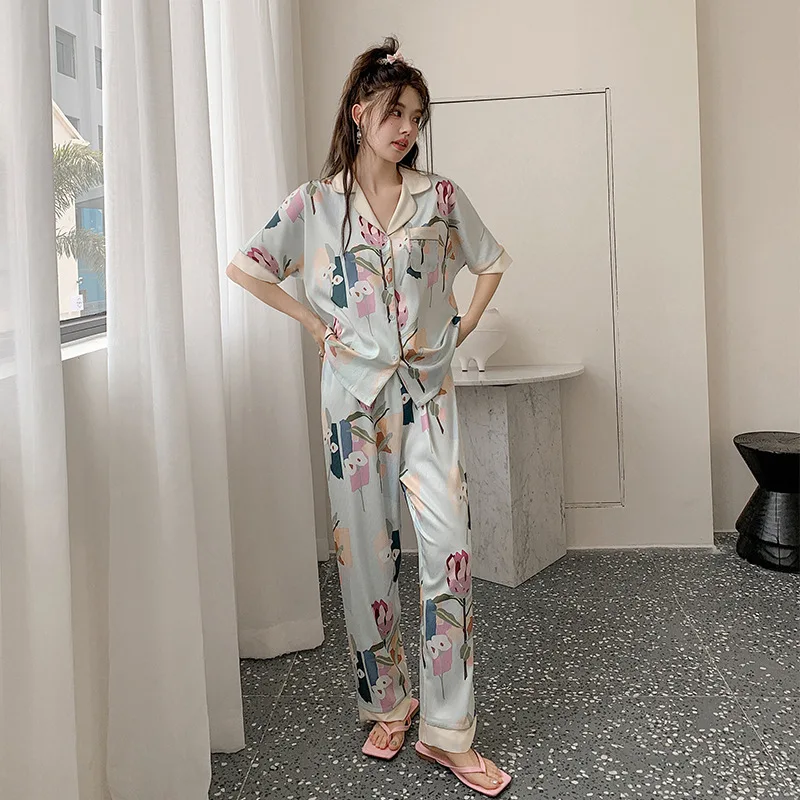 

New high-end pajamas, women's ice silk set, sweet satin jacquard short sleeved home wear, can be worn externally