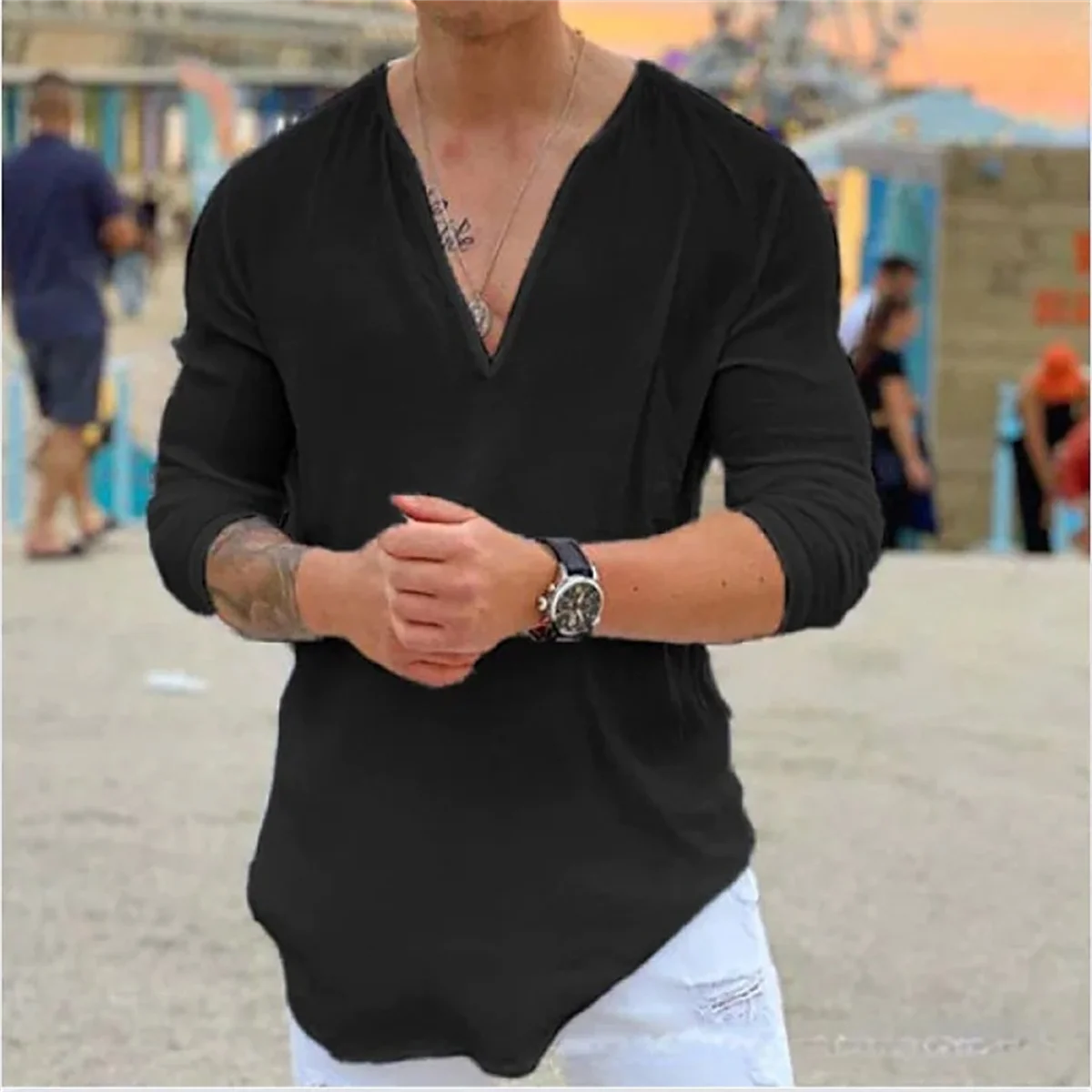 Men's Amazon independent station new fashion V-neck casual solid color pure cotton men's solid color shirt