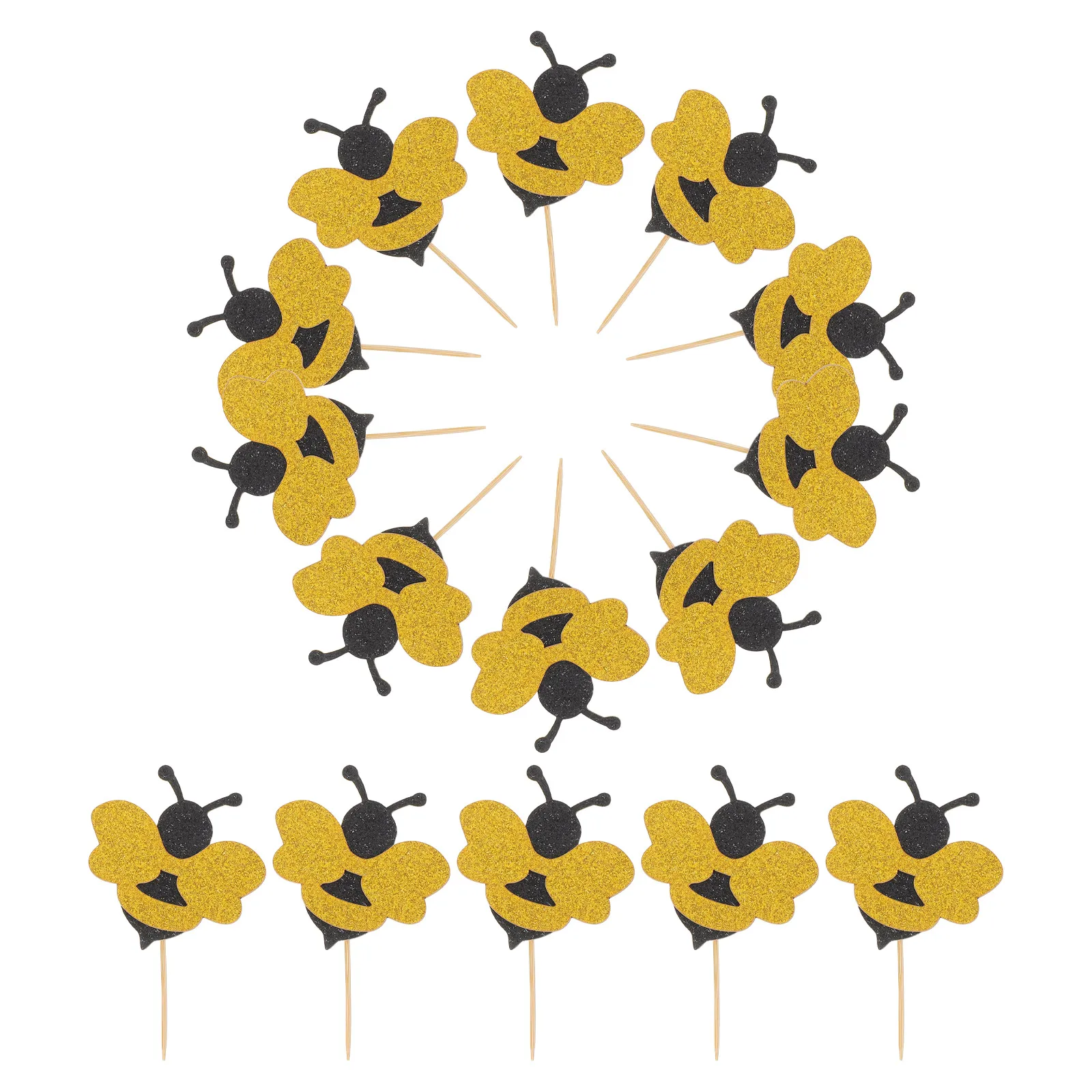 

24 pcs Cake Toppers Picks Shiny Bee Decorations for Birthday Wedding Party Cakes Fruit Safe Paper Bamboo Skewers