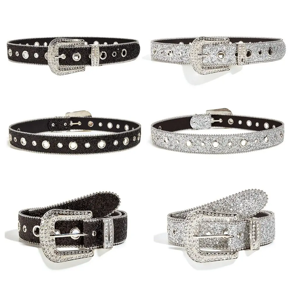 PU Leather Rhinestone Belt Fashion Studded Bling Crystal Waistband Adjustable Glitter Waist Belt Women