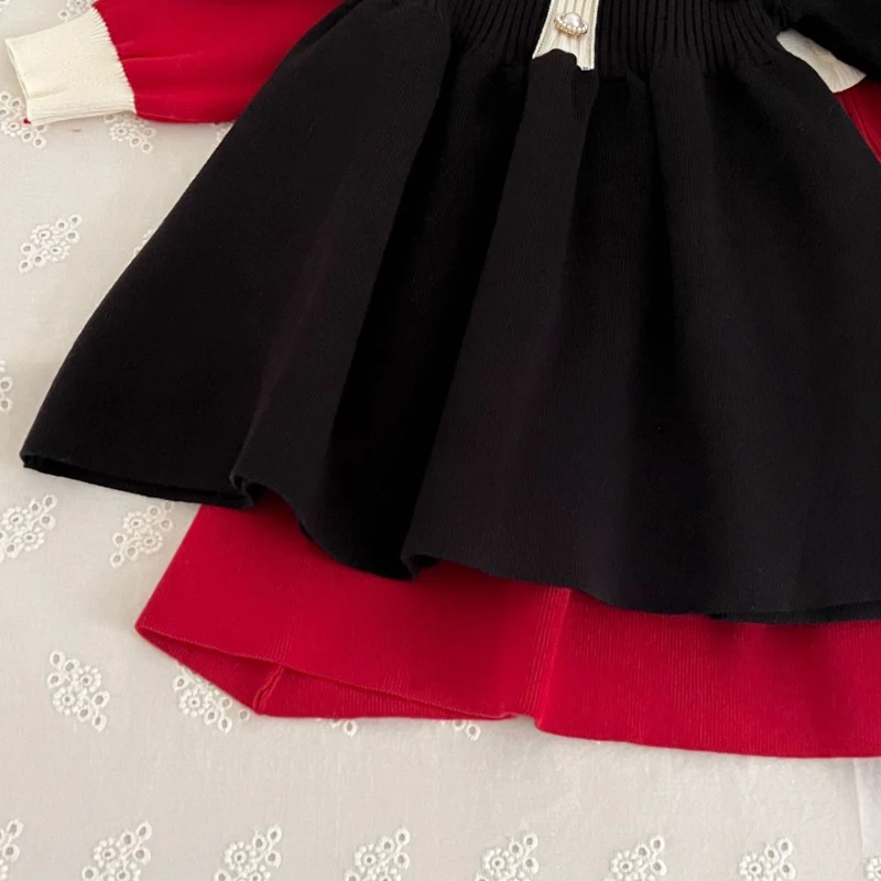 2 3 4 5 6 Years Girls Sweater Dress Splicing Lapel Pearl Decoration Pleated Skirt For Baby Girls Fashion Knitted Bottom Shirt