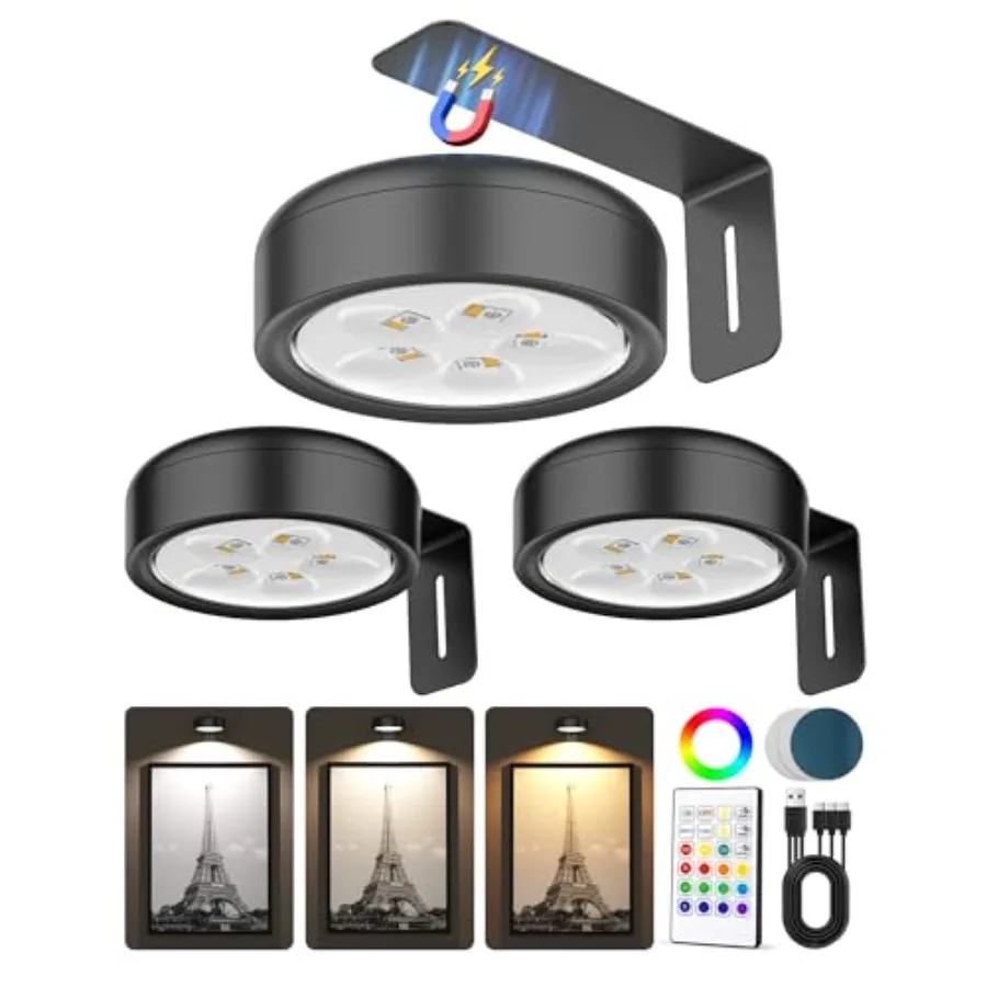 

Беспроводные настенные светильники для картин, перезаряжаемые магнитные светодиодные светильники-шайбы 2000 мАч с пультом ДУ, 3 цветовыми температурой, 12 режимами RGB-диммирования