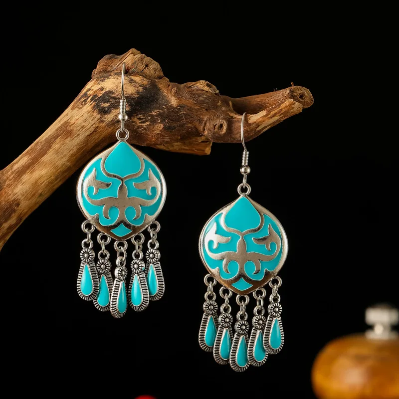 Vintage Ethnic Enamel Fire Totem Water Drop Earrings for Women Creative Design Silver Color Metal Earring Party Vacation Jewelry