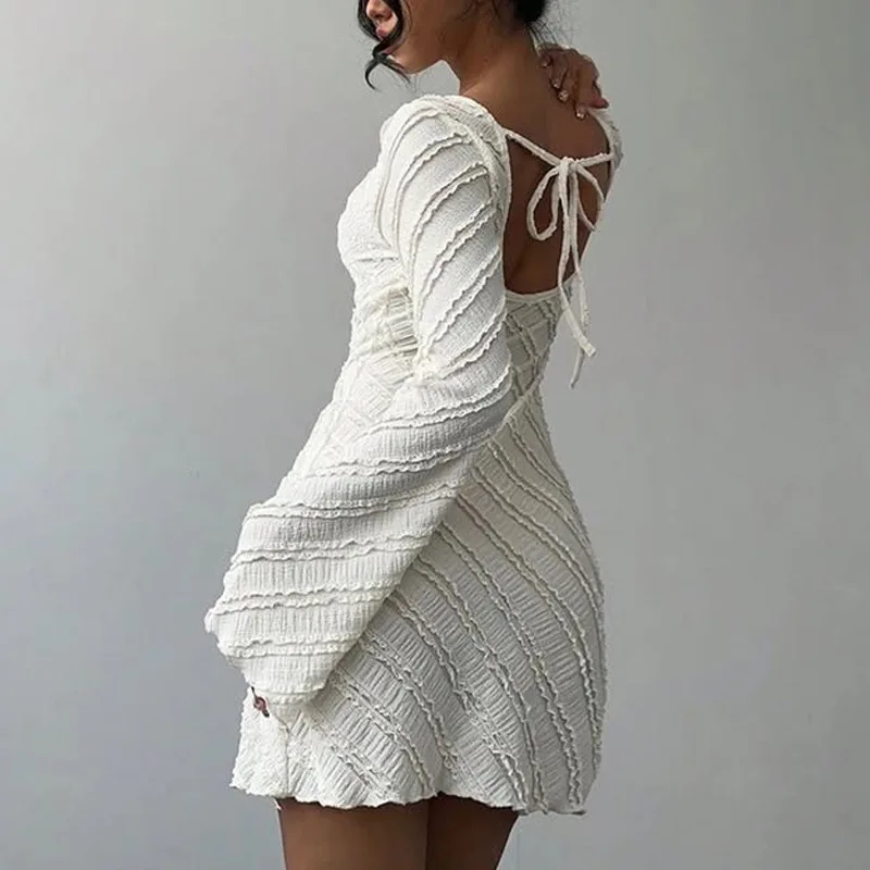 Women's New White Knitting Dress Boat Neck A Line Mini Long Sleeve Backless Dress Open Back Lace Up Elegant Dress