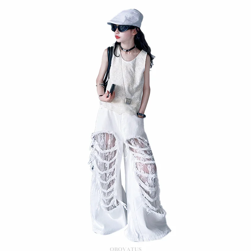 Child Fashion Street Style Y2K Clothes Set Outfit For Girls Summer T-shirt & Broken Pants Streetwear Kids Cool Clothing Suit Set