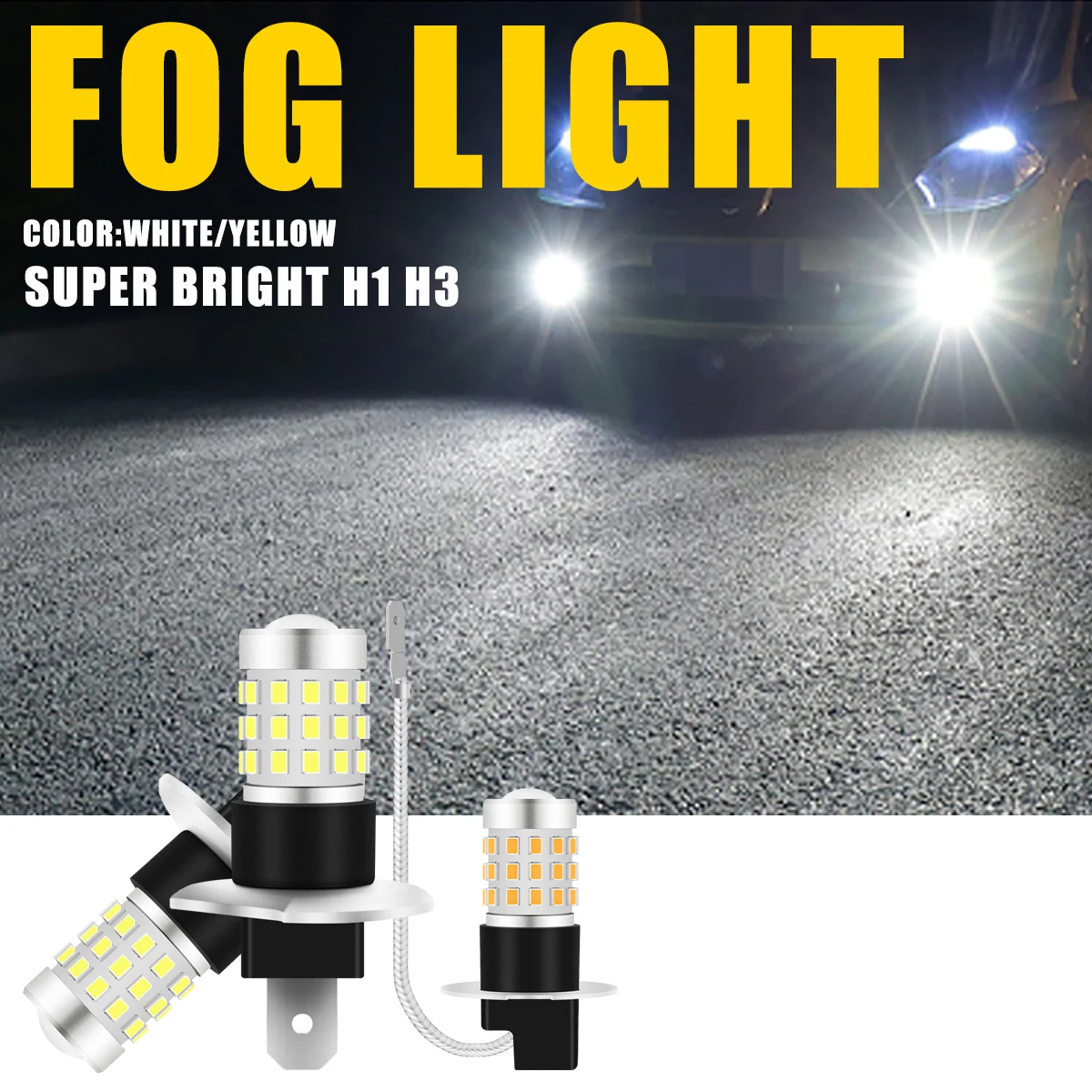 

KEVANLY 2pcs H1 H3 LED Car Fog Light 9-36V Fog Lamp Driving Running Light 42SMD 2016Chip 6000K White 3000K Yellow plug-and-play