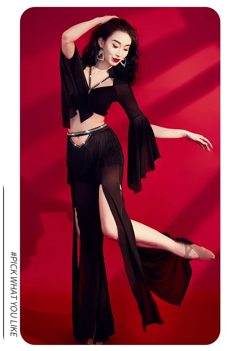 مجموعة ملابس الرقص الشرقي ، توب بأكمام مضيئة ، بنطلون شرابة صناعي ثقيل ، أداء شرقي ، حجر أب ، جديد