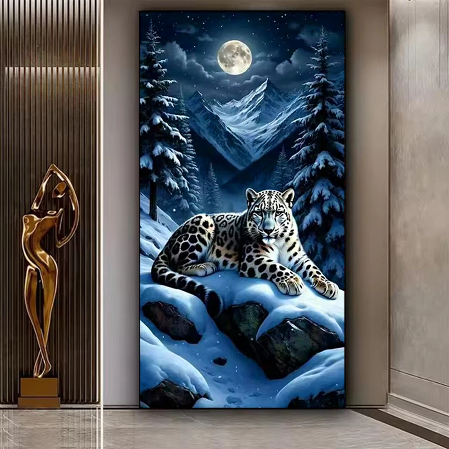 Winter cheetah diamond painting kits snow capped mountains forests and moon scenery 5D DIY diamond embroidery full drill mosaic