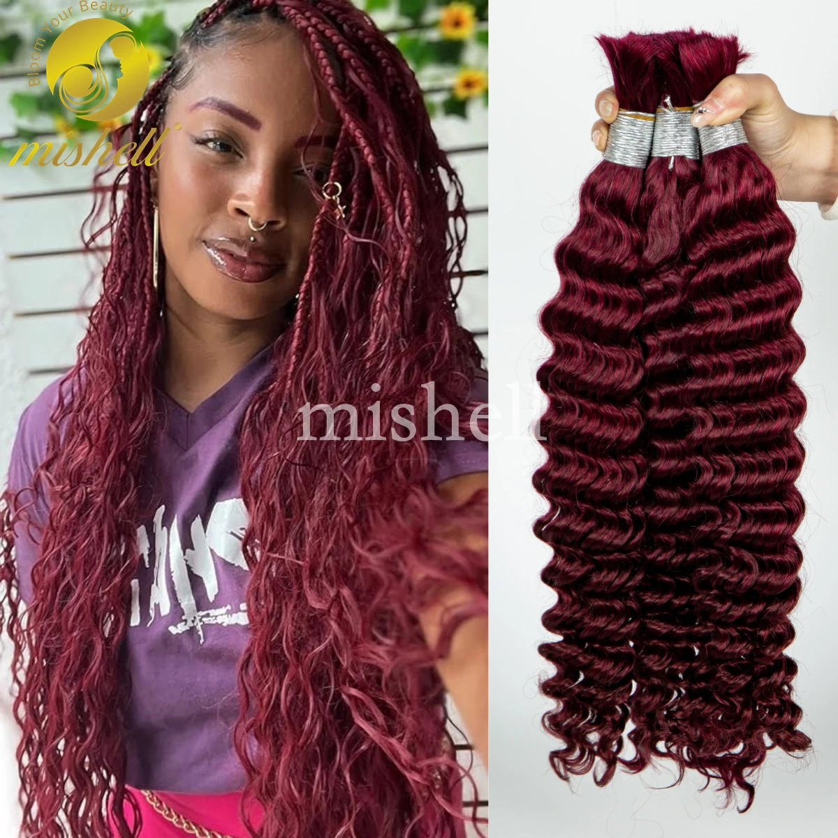 Borgonha Deep Wave Pacotes de cabelo humano, 100% não transformados, cabelo humano virgem, sem trama para Boho Braid, massa para trançar, 99J, 26 in, 28in