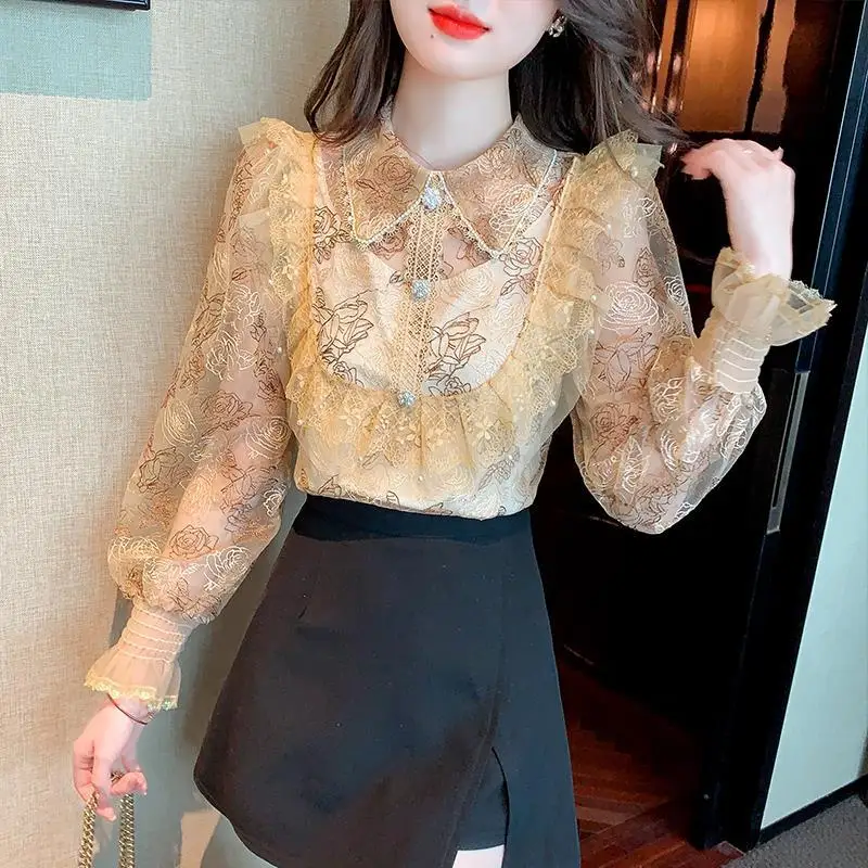 Women\'s Spring and Autumn New Fashion Elegant Doll Neck Lace Embroidery Style Versatile Long Sleeve Slim Fit Chiffon Shirt Tops