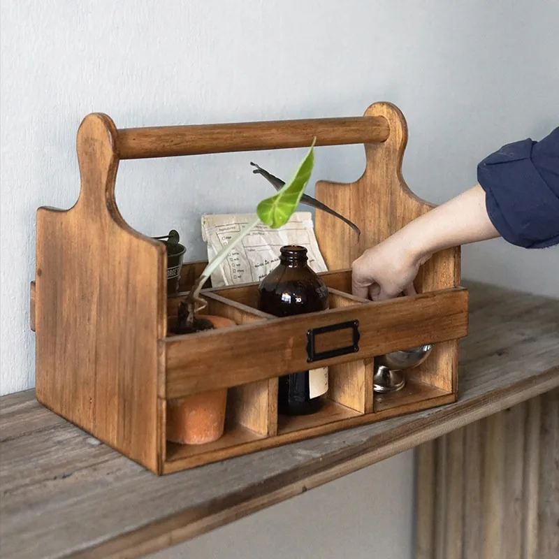Home vintage solid wood carrying basket, compartments for miscellaneous items, living room tabletop, coffee cup, cup, and bevera