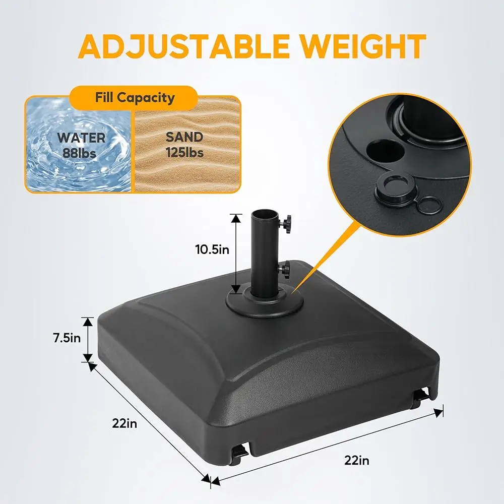 Base de sombrilla móvil rellenable de acidad de 125 libras, soporte de mercado cuadrado resistente para exteriores con 4 ruedas para Patio, terraza, junto a la piscina,