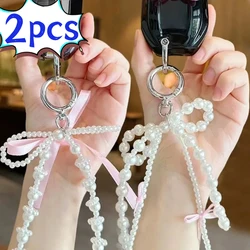 Y2k Pearl Bow Keychain Women Pearl Tassels Pink Ribbon Bow Sweet Cool Key Chains Fashion Metal Purse Key Ring Phone Accessories