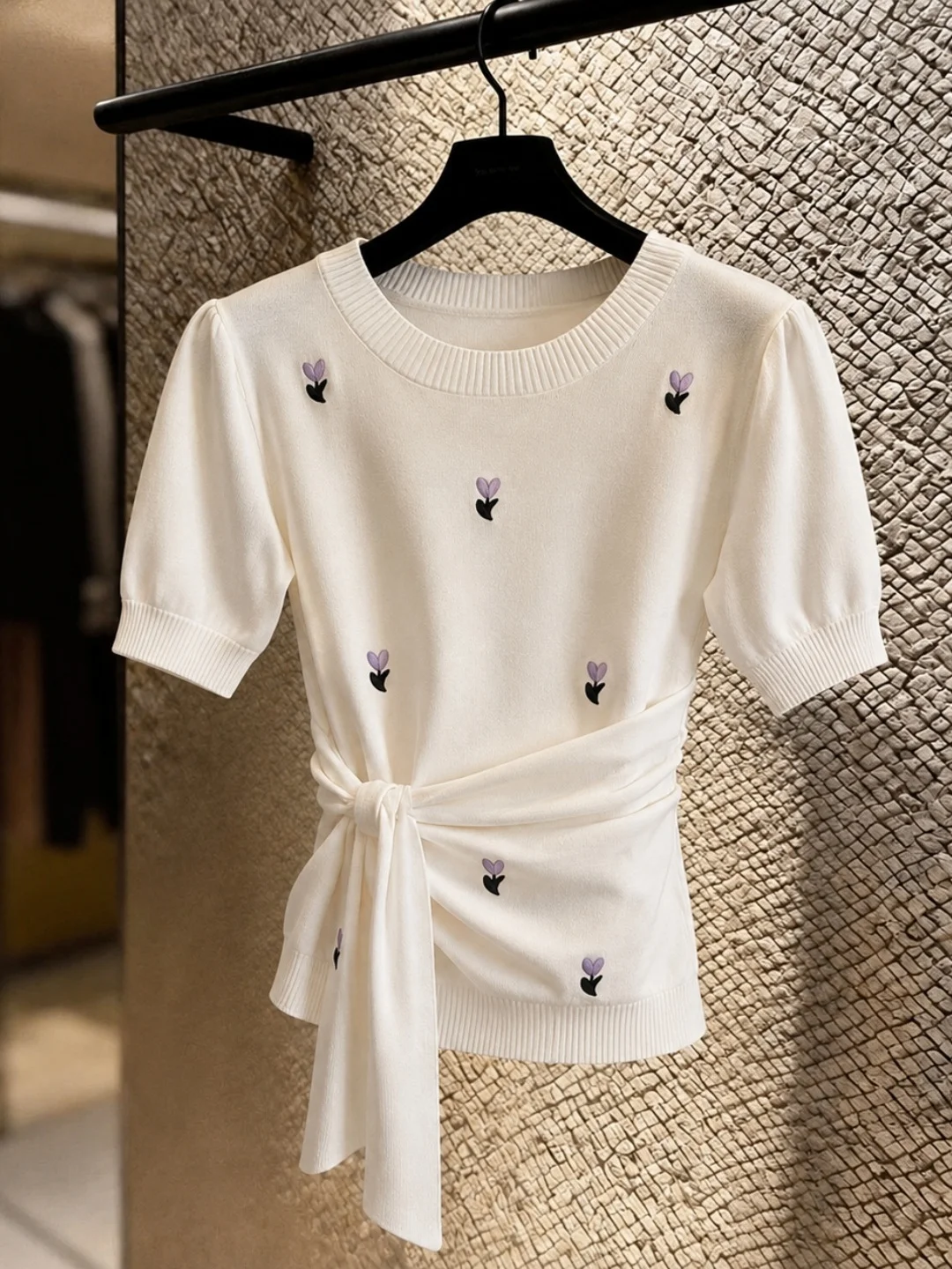 

Sweet Youthful Ice Silk Knitted Top Belted Waist Short Sleeve round Neck Slimming Korean Style Fashionable Women's Summer Shirt