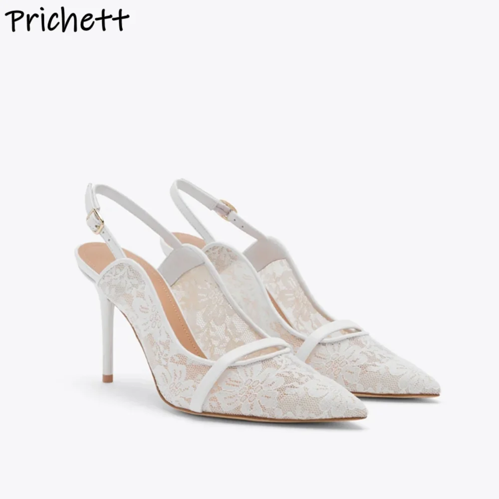

Hollow Lace White Wedding Sandals White High Heels Straight Strap Slingback Solid Elegant Shoes Summer Pointy Toe Summer Shoes