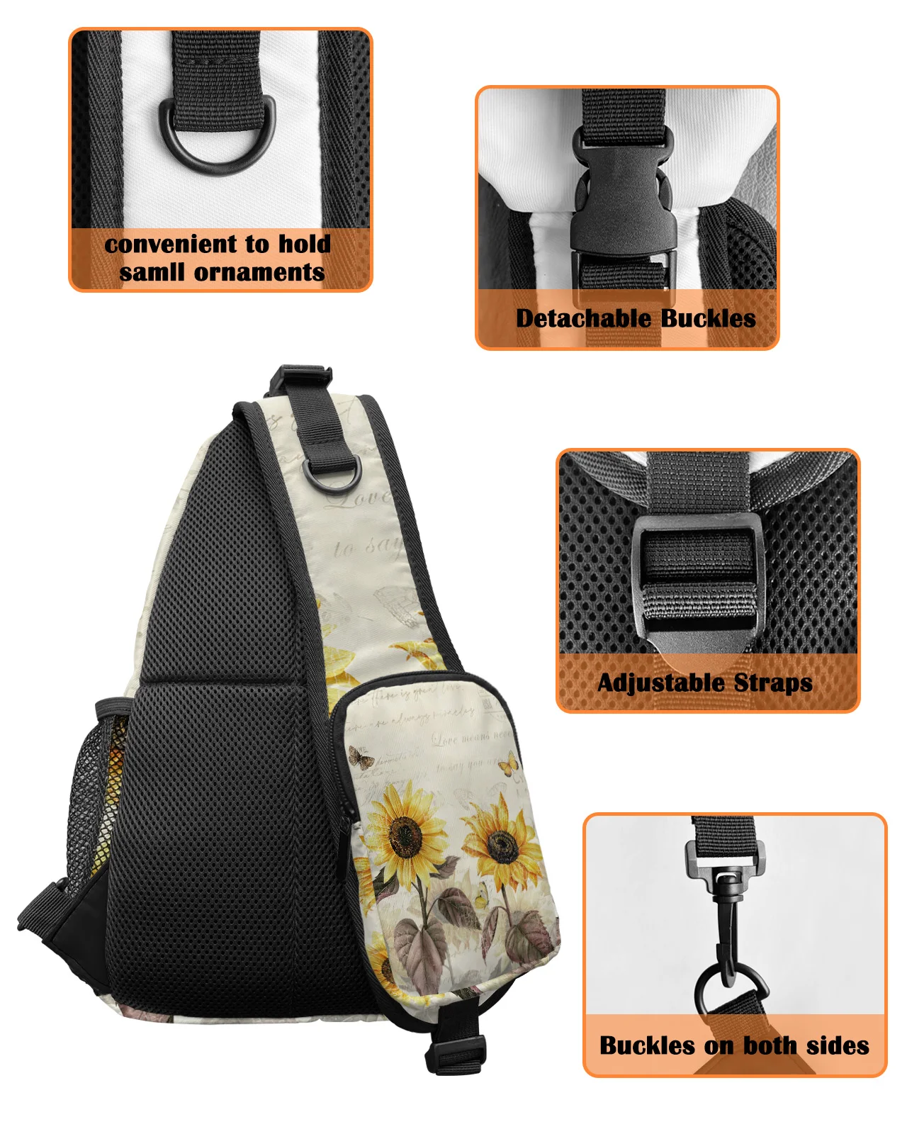 Bolsa de peito impermeável masculina, borboleta amarela girassol de flores vintage, bolsa de ombro para esportes ao ar livre, moda casual