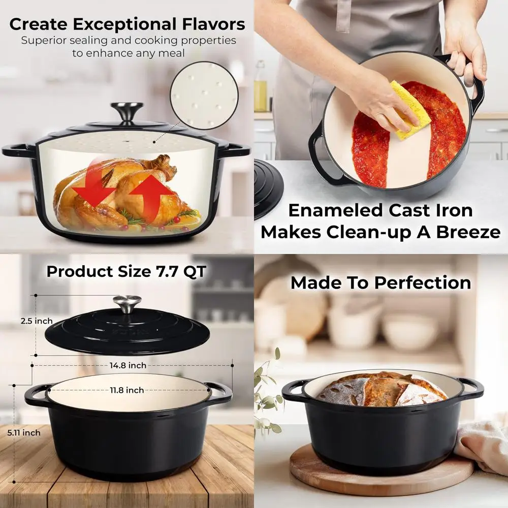 

Enameled Cast Iron Dutch Oven, 7.7 Quart, Oven Safe to 500°, Ideal for Baking, Stewing, Braising, and Roasting
