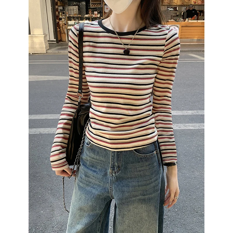 

Винтажная полосатая футболка с длинным рукавом Y2K, женская корейская облегающая рубашка с коротким низом, весна-осень, популярные пуловеры в стиле Харадзюку, футболки