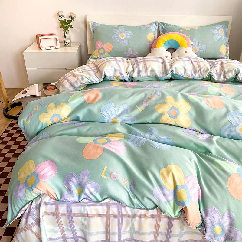 

Rainbow Flower Bedding Set Grid Flat Sheets Floral Duvet Cover Pillowcase Polyester Bed Linen Single Full King Size Quilt Cover