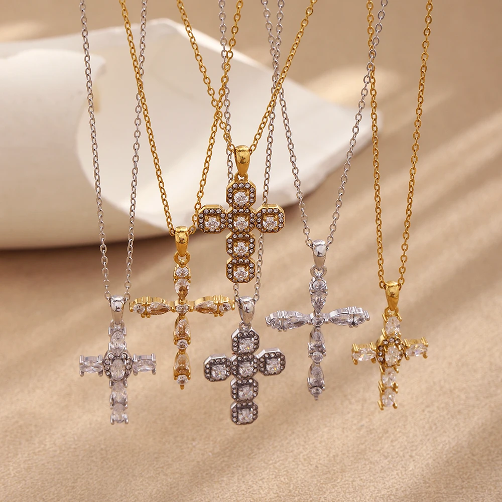 

Women's Simple Water Droplet Cross Zircon Necklace Stainless Steel Plated 18K Gold Jewelry Holiday Gift