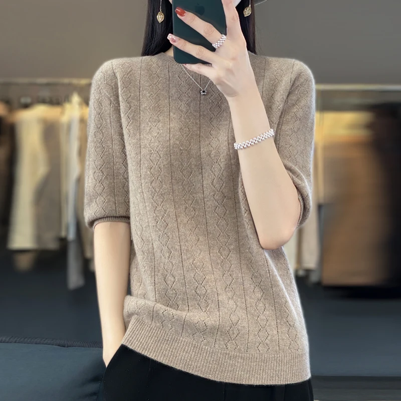 Spring and autumn new women\'s sweater cashmere knitted 100% pure merino wool solid color O-neck short sleeve T-shirt.