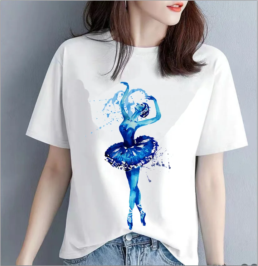 Fashion Watercolor Ballet T-shirt Design Sense Women Dance Dress Half Sleeve Tops Oversized T Shirt Vintage Clothes Harajuku