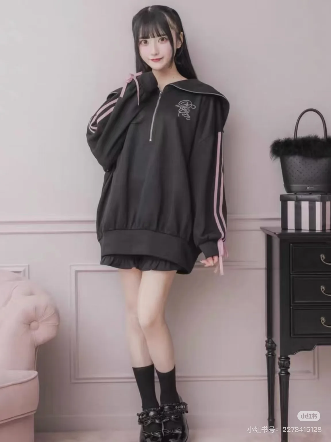 Commuter-sudaderas negras de manga larga con cuello azul marino para mujer, chaqueta de invierno con cremallera holgada y lazo a rayas, abrigos con capucha